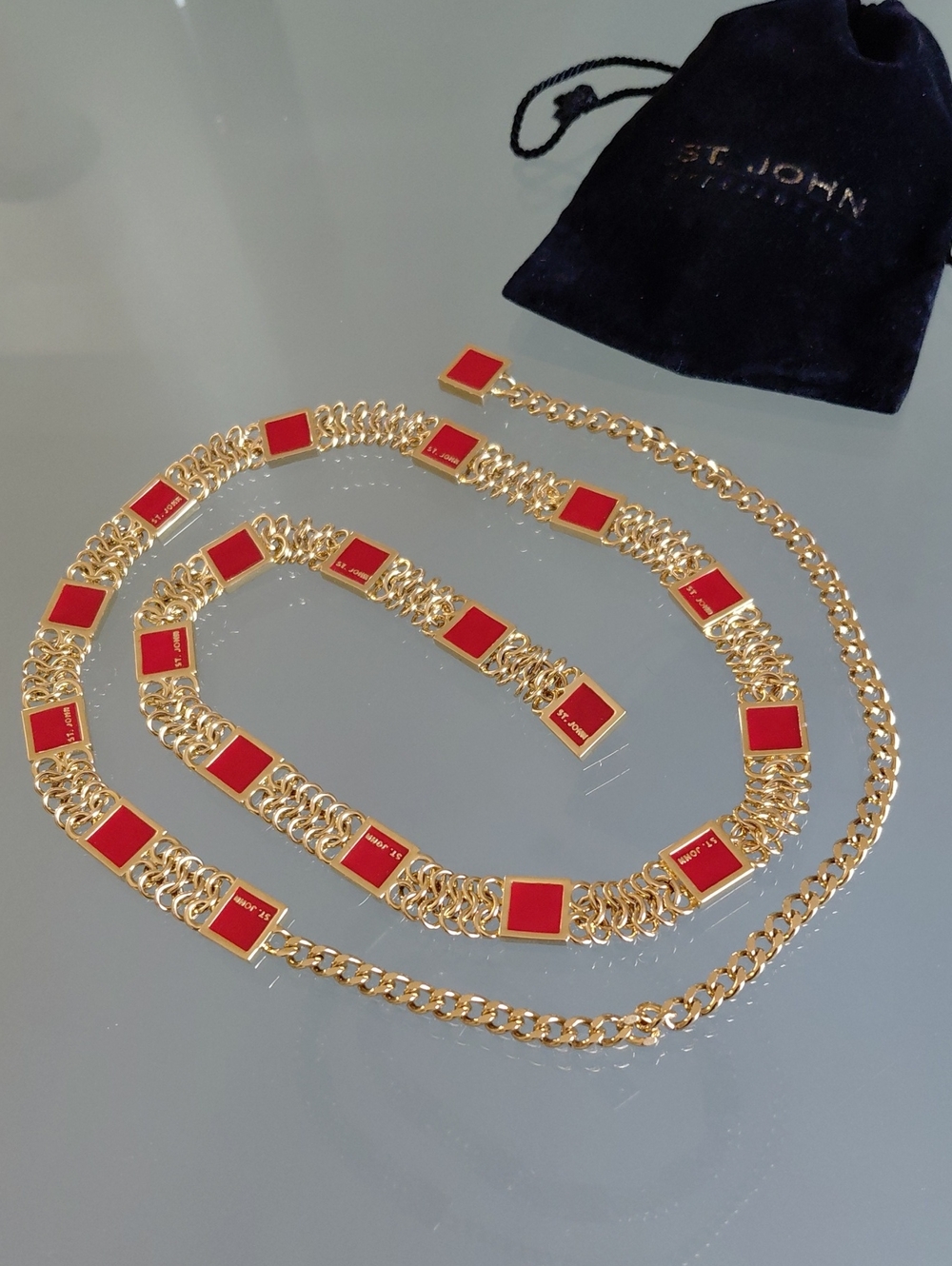 Vintage ST. JOHN Gold Tone Red Enamel Chain Belt Signed 42” w/ Pouch